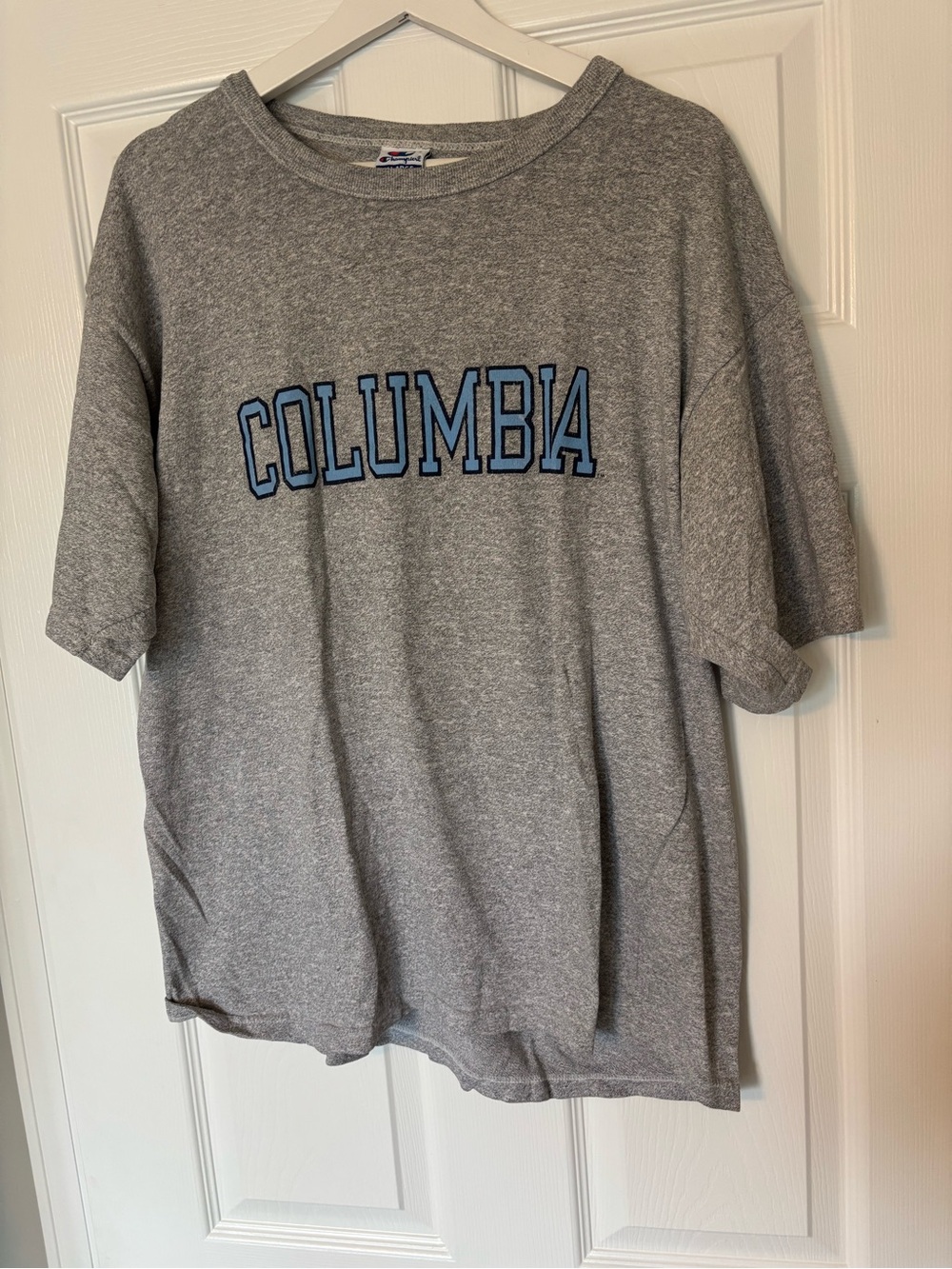 Champion Gray Short-Sleeve Logo Tee with Light Blue Lettering
